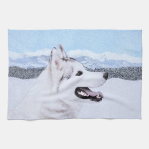 Siberian Husky (Silver and White) Painting Dog Art Tea Towel