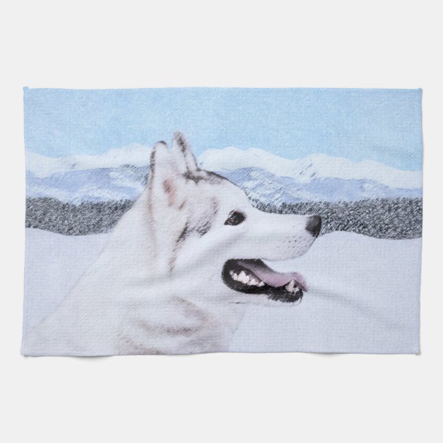 Siberian Husky (Silver and White) Painting Dog Art Tea Towel (Horizontal)