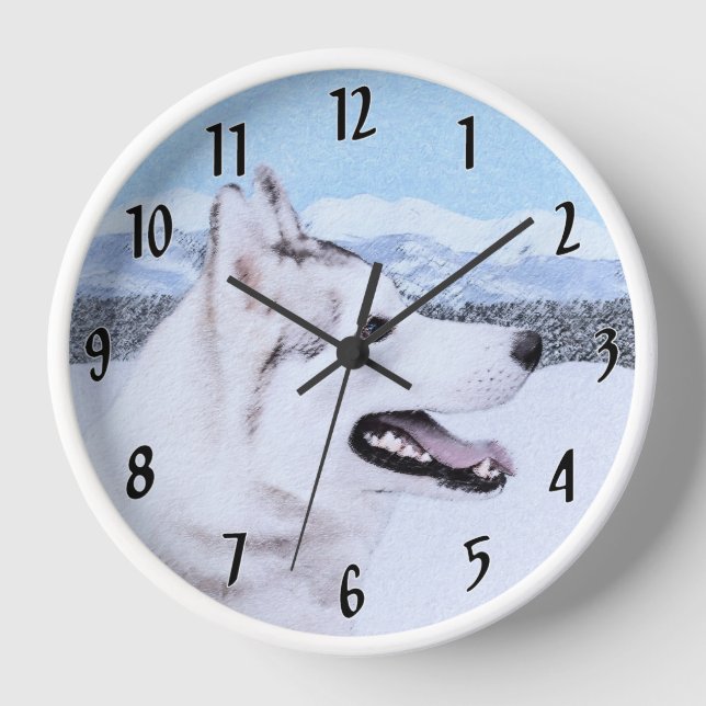 Siberian Husky (Silver and White) Painting Dog Art Wall Clock (Front)