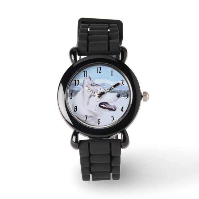 Siberian Husky (Silver and White) Painting Dog Art Watch (Front)