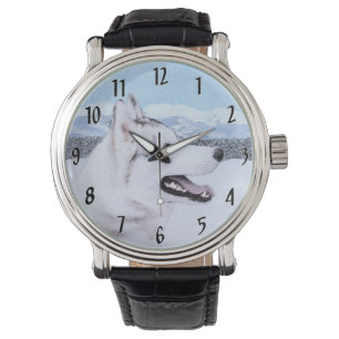Siberian Husky (Silver and White) Painting Dog Art Watch