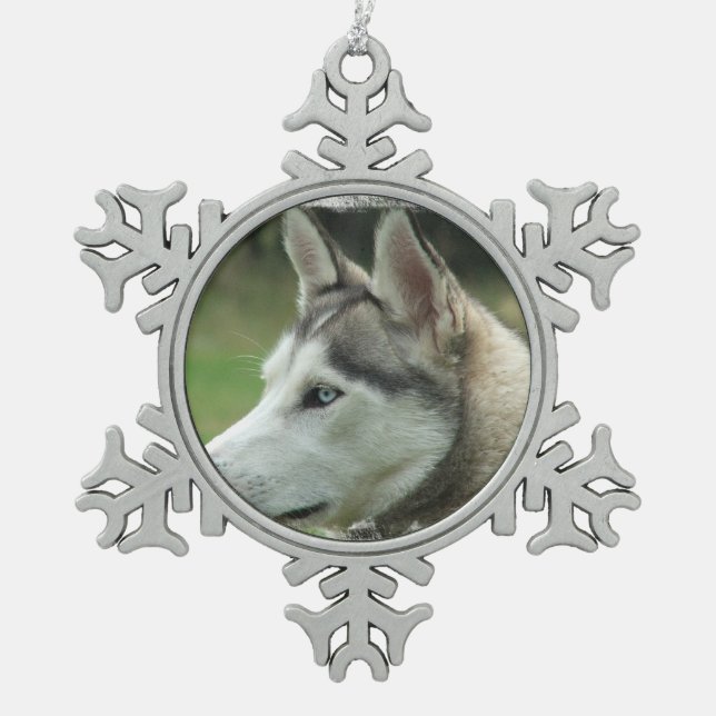 Siberian Husky Snowflake Pewter Christmas Ornament (Front)