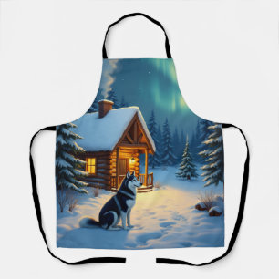 Siberian Husky Snowy Cabin Christmas Painting Apron