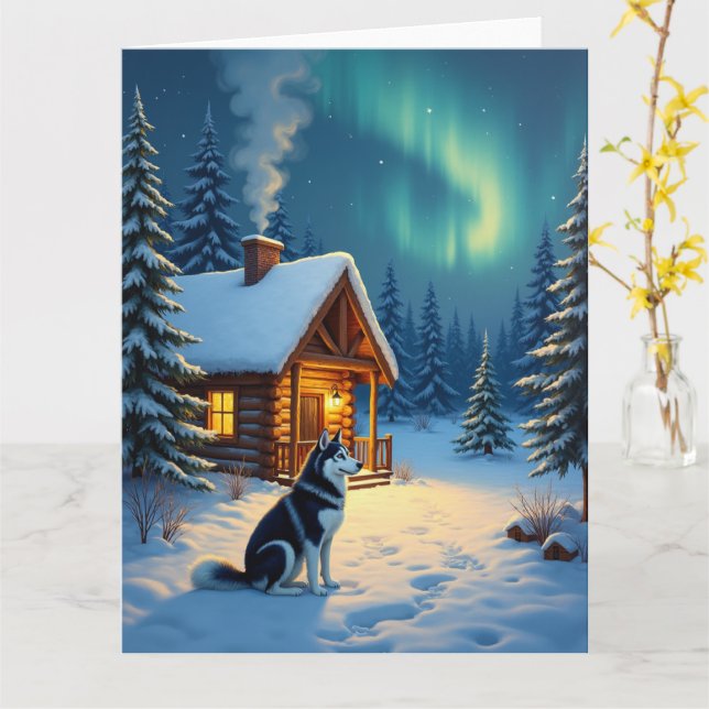 Siberian Husky Snowy Cabin Christmas Painting Card (Yellow Flower)