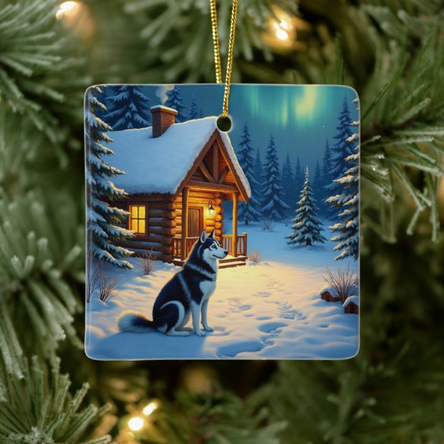 Siberian Husky Snowy Cabin Christmas Painting Ceramic Ornament (Tree)