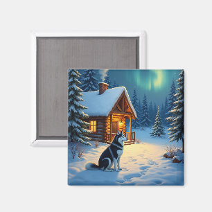Siberian Husky Snowy Cabin Christmas Painting Magnet
