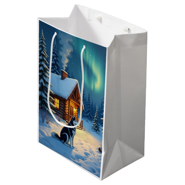 Siberian Husky Snowy Cabin Christmas Painting Medium Gift Bag (Front Angled)