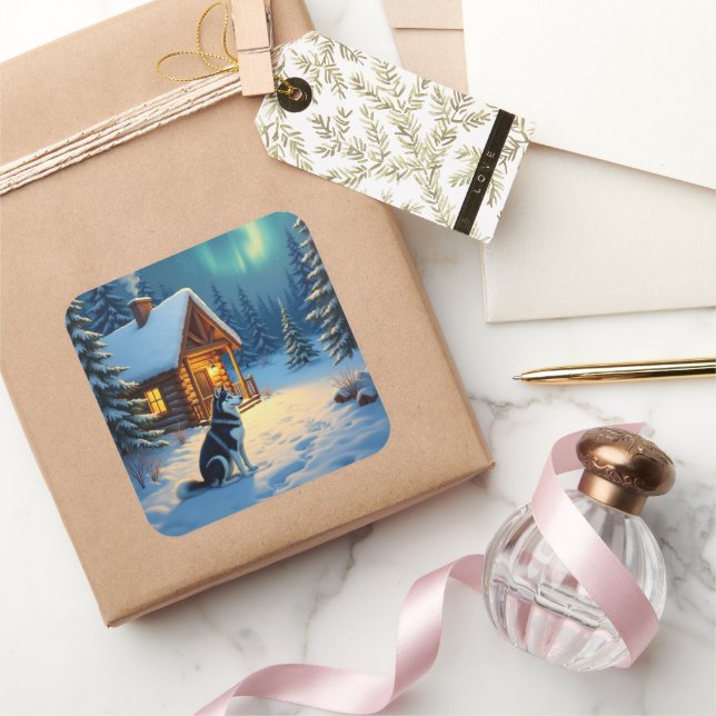 Siberian Husky Snowy Cabin Christmas Painting Square Sticker (Gifting)