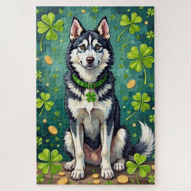 Siberian Husky St Patrick’s Day Lucky Dog Jigsaw Puzzle (Vertical)