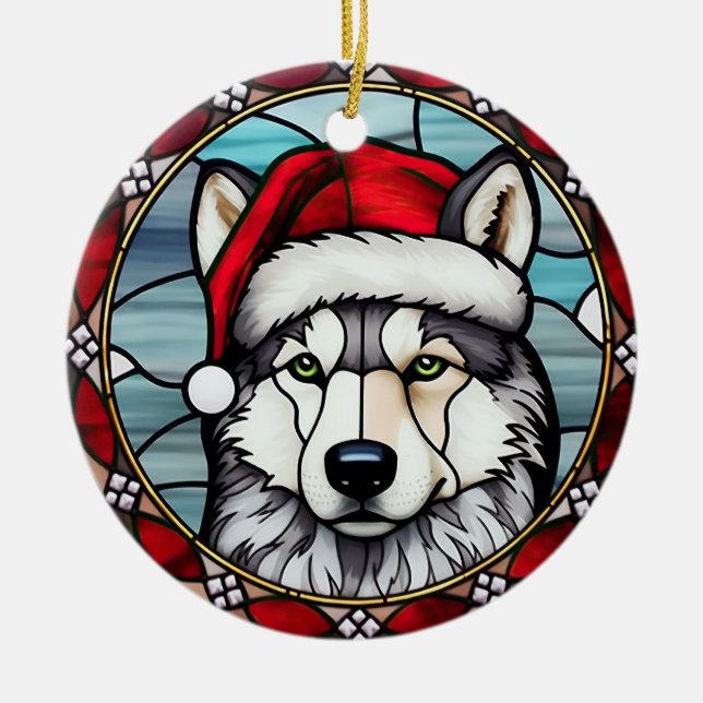 Siberian Husky Stained Glass Christmas Ceramic Tree Decoration (Front)