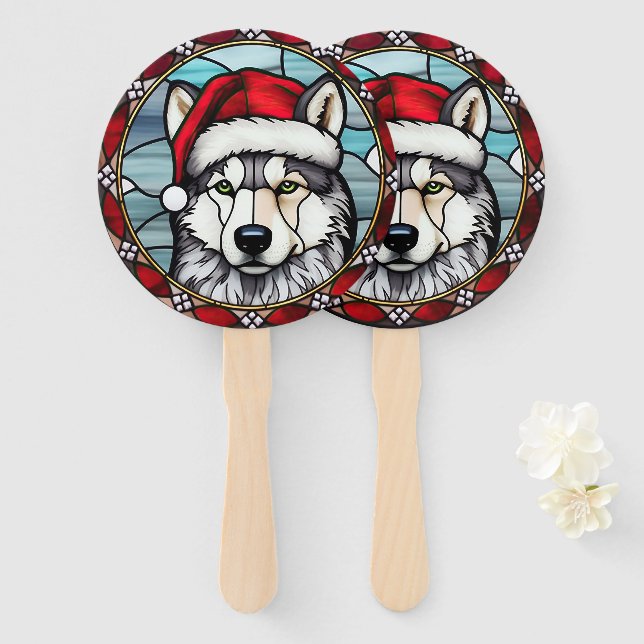 Siberian Husky Stained Glass Christmas Hand Fan (Front and Back)