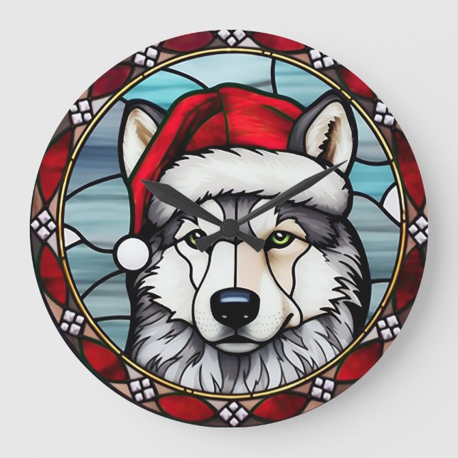 Siberian Husky Stained Glass Christmas Large Clock (Front)