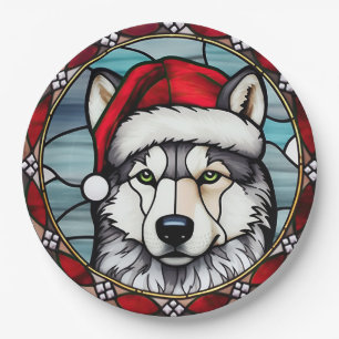 Siberian Husky Stained Glass Christmas Paper Plate