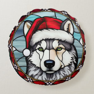 Siberian Husky Stained Glass Christmas Round Cushion