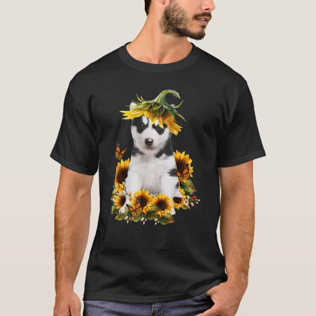 Siberian Husky Sunflower Butterfly Cute Dog T-Shirt (Front)