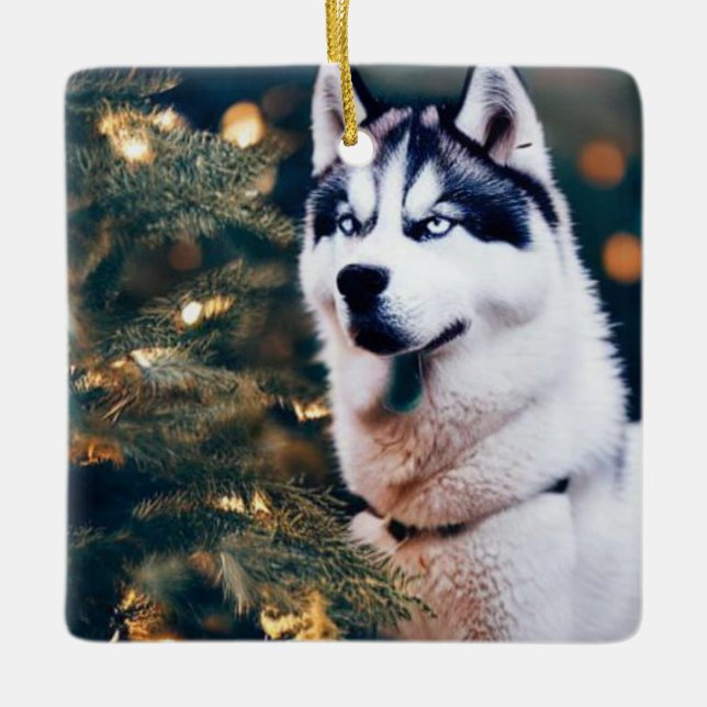 Siberian Husky Under Christmas Tree Ceramic Ornament (Front)