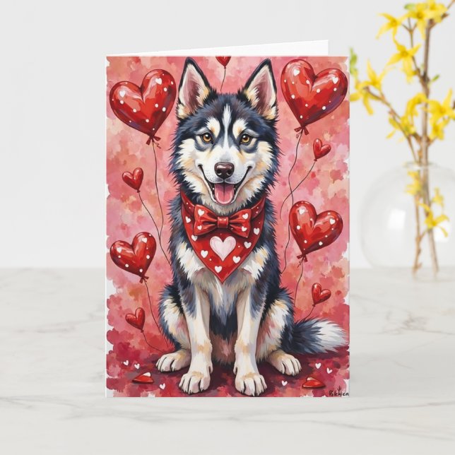 Siberian Husky Valentine Dog Sitting with Hearts Card (Yellow Flower)