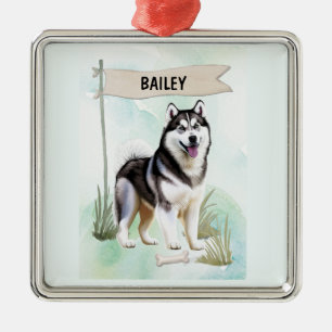 Siberian Husky Watercolor Personalised Dog Metal Tree Decoration