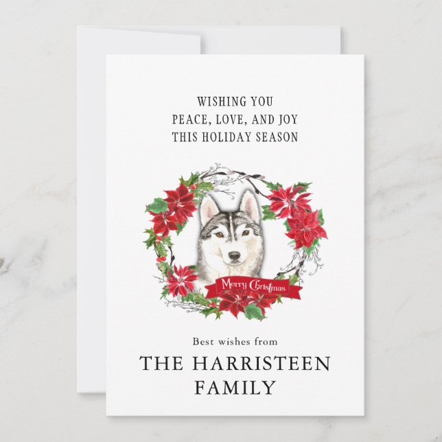 Siberian Husky Watercolor red Poinsettia Wreath Holiday Card (Front)