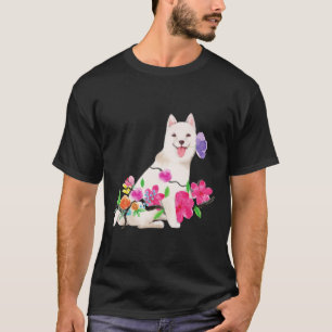 Siberian Husky Watercolor With Flowers T-Shirt
