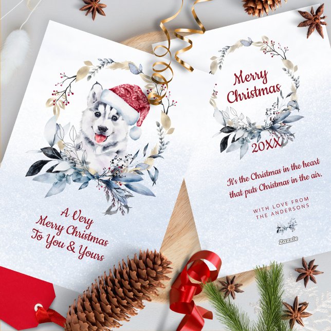 Siberian Husky Winter Family Name Couple Photo Holiday Card (Creator Uploaded)