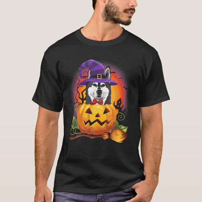 Siberian Husky Witch Pumpkin Halloween Dog Lover T-Shirt (Front)
