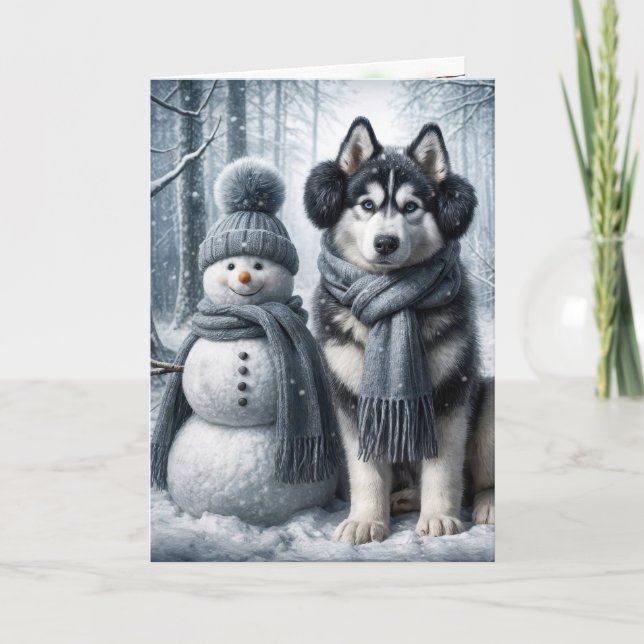 Siberian Husky With a Snowman Card (Front)