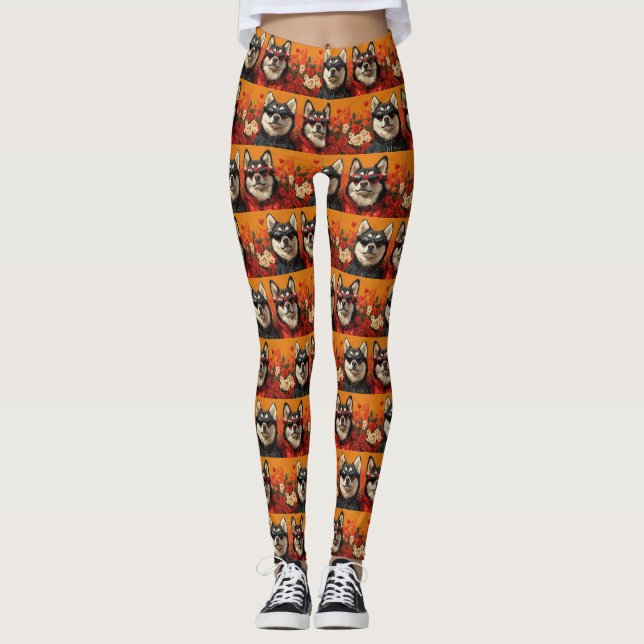 Siberian Husky with Heart Roses Valentine's Day  Leggings (Front)