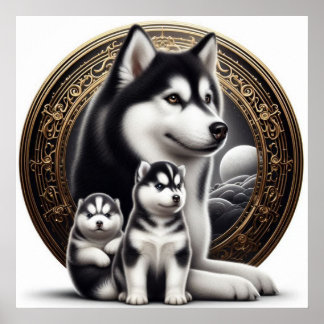 Siberian Husky With Pups Poster