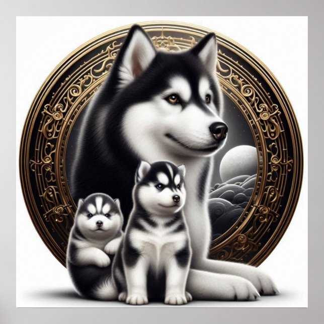 Siberian Husky With Pups Poster (Front)