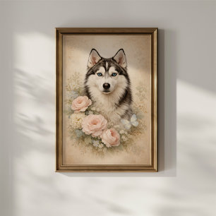 Siberian Husky with Roses Poster