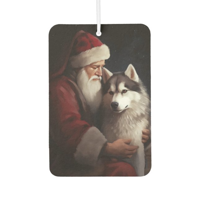 Siberian Husky With Santa Claus Festive Christmas Car Air Freshener (Front)