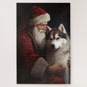 Siberian Husky With Santa Claus Festive Christmas Jigsaw Puzzle