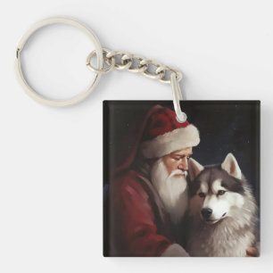 Siberian Husky With Santa Claus Festive Christmas Key Ring