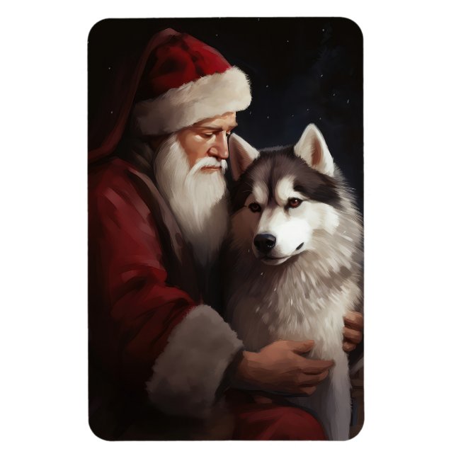 Siberian Husky With Santa Claus Festive Christmas Magnet (Vertical)