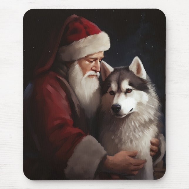 Siberian Husky With Santa Claus Festive Christmas Mouse Mat (Front)