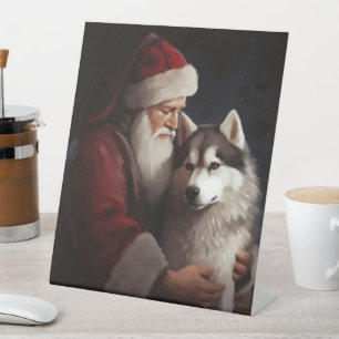 Siberian Husky With Santa Claus Festive Christmas Pedestal Sign
