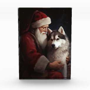 Siberian Husky With Santa Claus Festive Christmas Photo Block