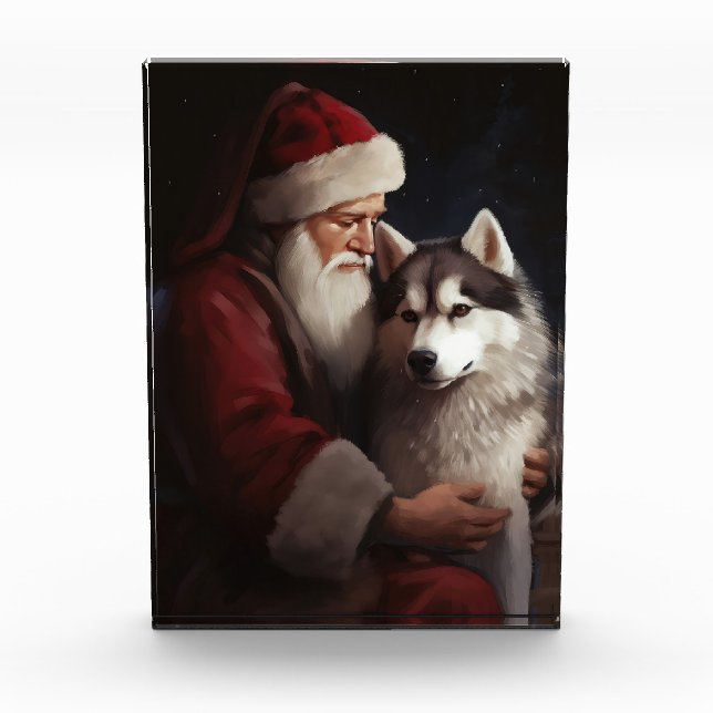 Siberian Husky With Santa Claus Festive Christmas Photo Block (Front)