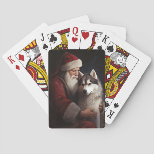 Siberian Husky With Santa Claus Festive Christmas Playing Cards