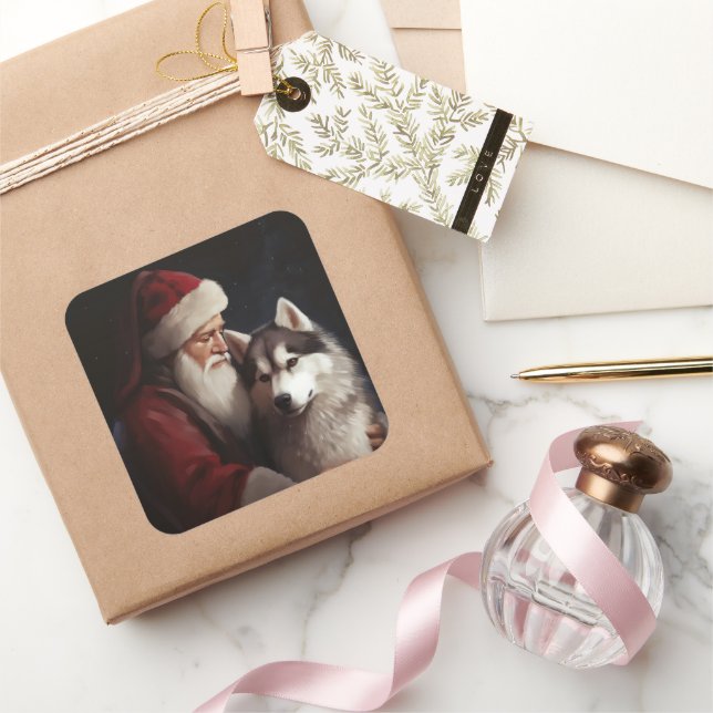 Siberian Husky With Santa Claus Festive Christmas Square Sticker (Gifting)