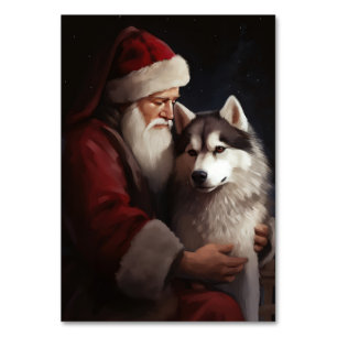 Siberian Husky With Santa Claus Festive Christmas Table Number