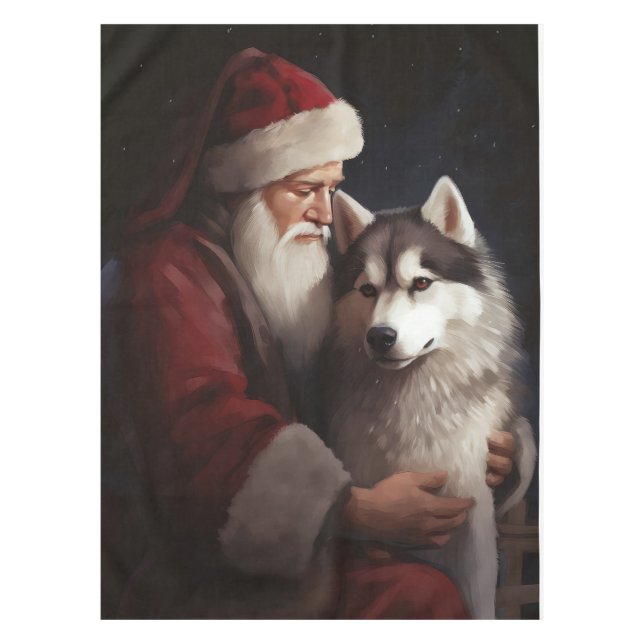 Siberian Husky With Santa Claus Festive Christmas Tablecloth (Front)