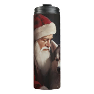 Siberian Husky With Santa Claus Festive Christmas Thermal Tumbler