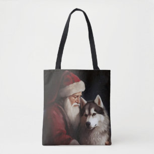 Siberian Husky With Santa Claus Festive Christmas Tote Bag