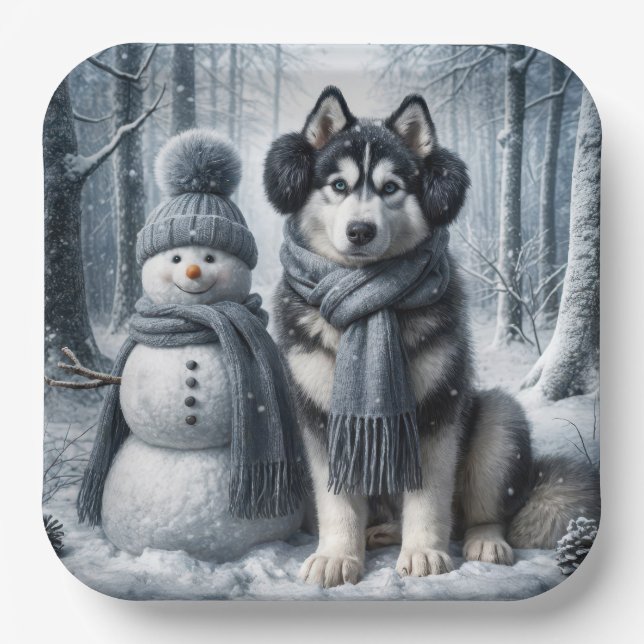 Siberian Husky With Snowman Paper Plate (Front)