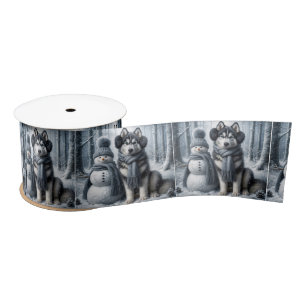 Siberian Husky With Snowman Satin Ribbon