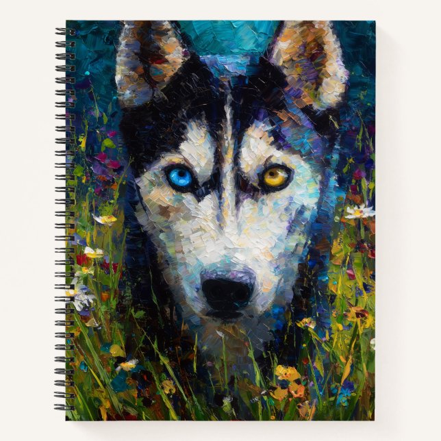 Siberian Husky with Wildflowers Portrait Notebook (Front)