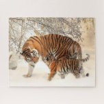 Siberian Tiger Mother and Kitten Jigsaw Puzzle<br><div class="desc">Beautiful Mother and Cub Tiger in a Winter Snow Wonderland Puzzle</div>