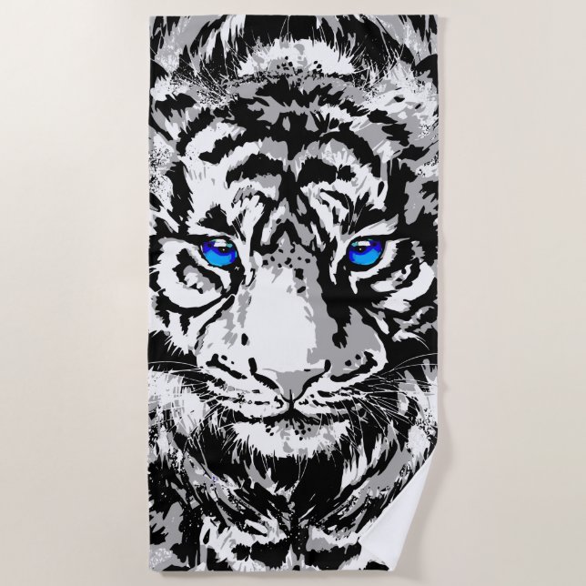 Siberian White Tiger Head - Tiger Blue Eyes Beach Towel (Front)